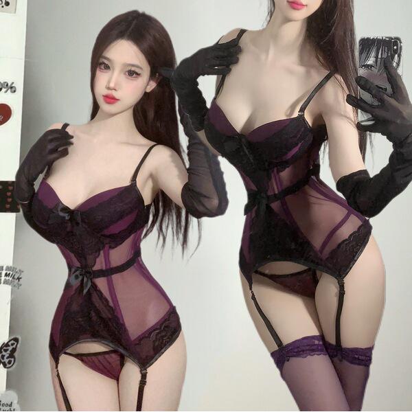 Woman modeling purple languifang shapewear bodysuit with lace, straps, and gloves.