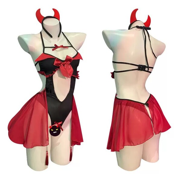 Molove Sexy Lace Bustier Dress - Hot Office Secretary Costume for Couples, No-Remove Intimate Sleepwear - 9268-Red and Black