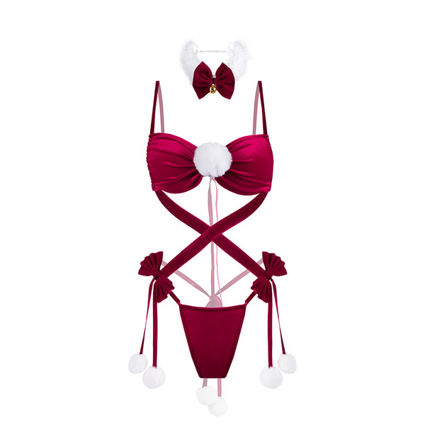 Mannyan new year lingerie set for women - deep v-tie velvet bodysuit with backless design, holiday costume 9346 featuring fes...