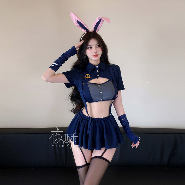 OL Teacher JK Cat Costume Set - Sexy Maid & Cheongsam Lingerie Outfit for Cosplay & Role Play - 9366 Blue [Socks not included]