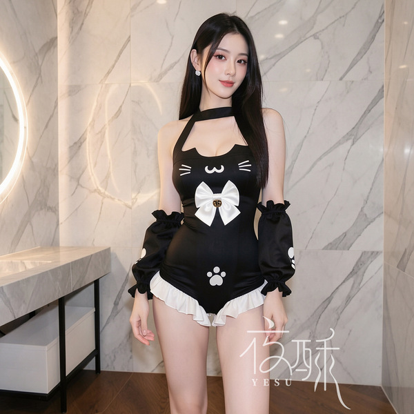 OL Teacher JK Cat Costume Set - Sexy Maid & Cheongsam Lingerie Outfit for Cosplay & Role Play - 9391 Black