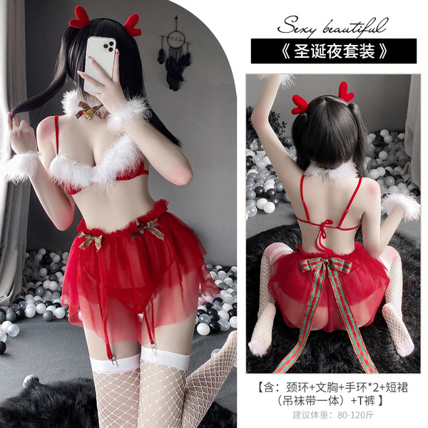 Mannyan New Year Lingerie Set - Sexy Reindeer Christmas Costume & Pure-Temptation Sleepwear Dress - Clearance Sale - 9401 Christmas Red [Bell Necklace + Bra + 2 Bracelets + Mini Skirt and Garterbelt Set + Thong]