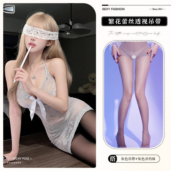 Feitiyu Lingerie Lace Slip Dress - Seductive Sheer Sleepwear for Small Bust Women, No-Remove Bedroom Set - 9408 Grey + Open Crotch Socks
