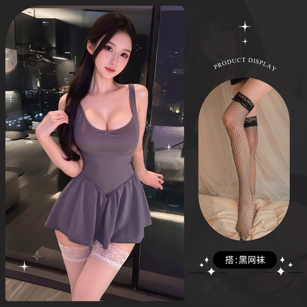 Lemon Story Sexy Sheer Sleep Dress – Cute & Alluring Lace-Trimmed Backless Lounge Set for Women - 9429+ Black Fishnet Stockings