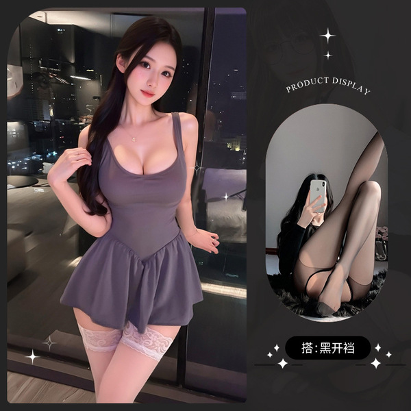 Lemon Story Sexy Sheer Sleep Dress – Cute & Alluring Lace-Trimmed Backless Lounge Set for Women - 9429+ Black Open Crotch Stockings