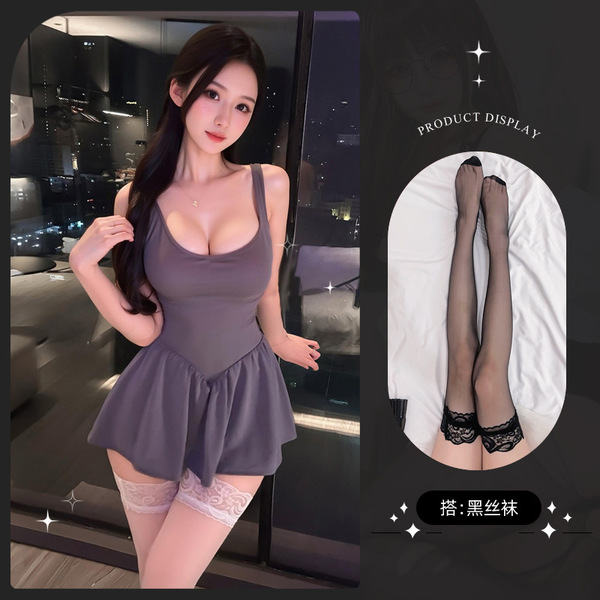 Lemon Story Sexy Sheer Sleep Dress – Cute & Alluring Lace-Trimmed Backless Lounge Set for Women - 9429+ Black Stockings