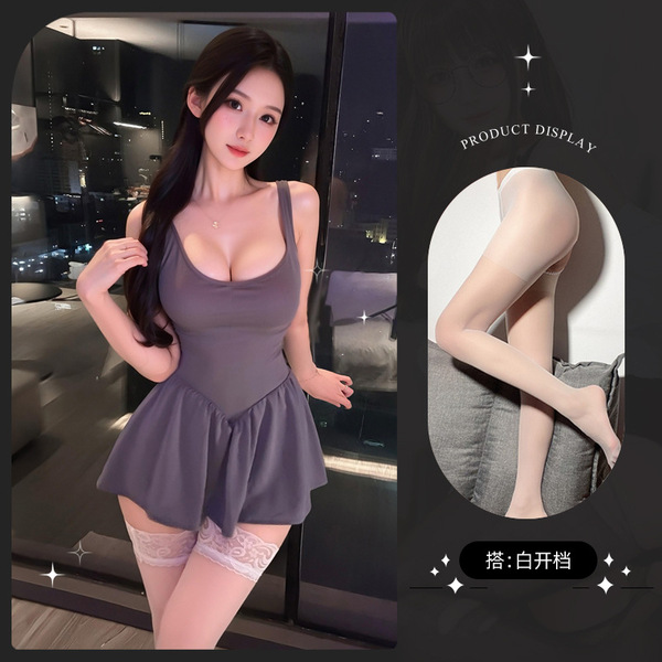 Lemon Story Sexy Sheer Sleep Dress – Cute & Alluring Lace-Trimmed Backless Lounge Set for Women - 9429+ White Open Crotch Socks