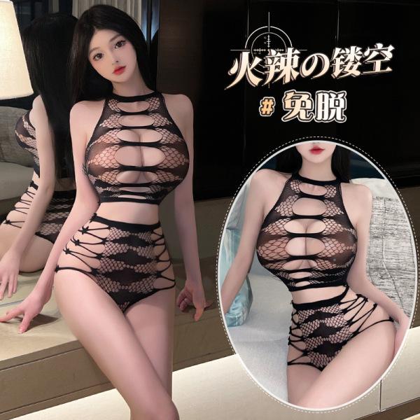 Model wearing qingruohan sexy sheer mesh bodysuit with cutout details and thong bottom.