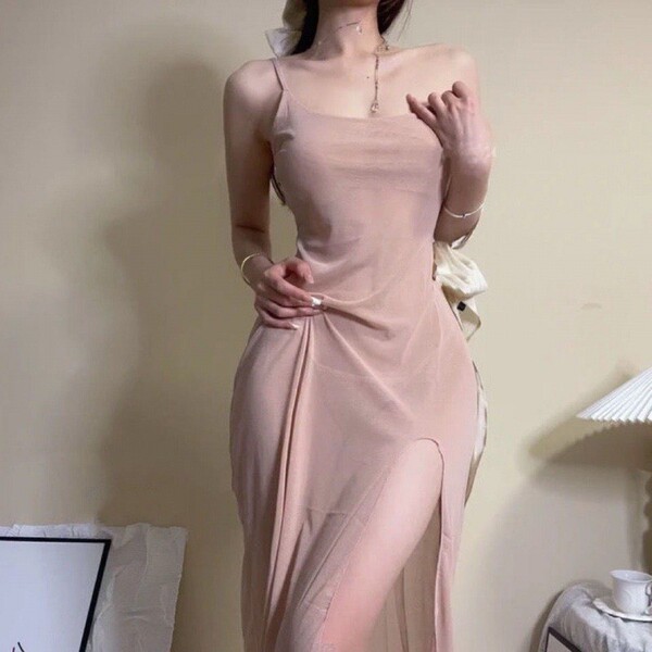 Qingran Sensual Lace Ice Silk Sleepwear Set – Sheer Tight-Fit Temptation Nightwear with Open-Crotch Short Dress - 958 skin tone