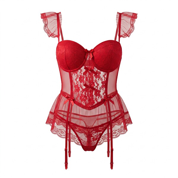 Red lace push-up bra set with mesh skirt and garters, sexy shapewear outfit for small bust by nightsiyese.