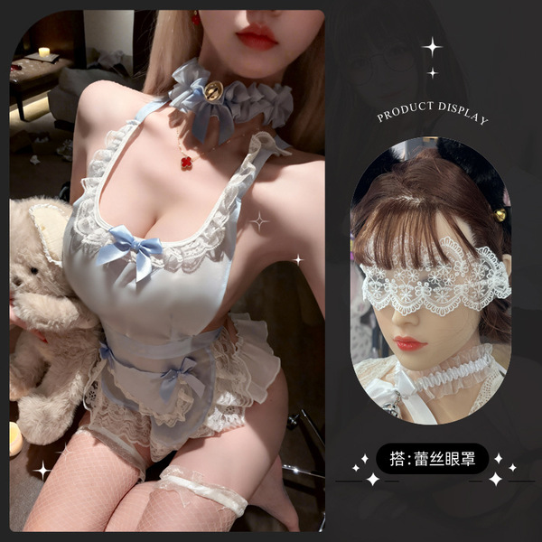 Lemon Story Lingerie Set - Cute Maid Costume with Removable Design, Sexy Sleepwear & Playful Uniform Outfit - 9687 Light Blue + White Eye Mask