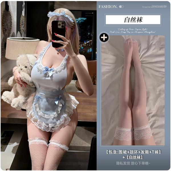 Lemon Story Lingerie Set - Cute Maid Costume with Removable Design, Sexy Sleepwear & Playful Uniform Outfit - 9687 Light blue + white stockings