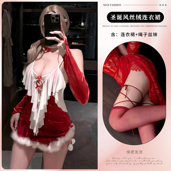 Lemon Tale New Year Lingerie Set - Velvet Christmas Costume Dress with Plush Trim for Women - 9806 + rope stockings + white eye mask + headband