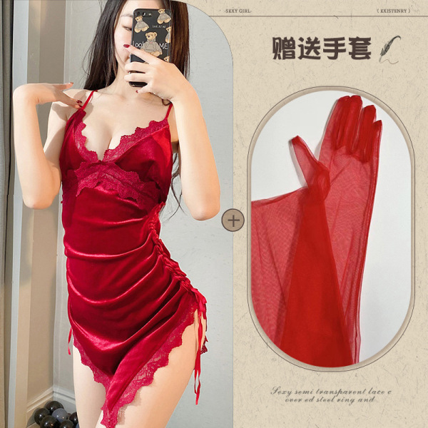 Qingran Velvet Cross-Back Sleep Dress – Seductive Lace Trim Nightgown with Side Slit & Tied Back Detail - Red +991 Red Gloves
