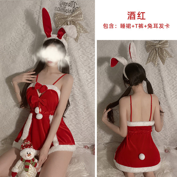Christmas Role Play Lingerie Set - Velvet Strap Nightgown, Sexy New Year Date Outfit, Pure & Spicy COS Costume - A04