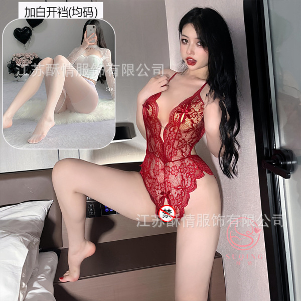 Seductive Lace Bodysuit Sleepwear - Ultra-Thin Backless Cutout Open-Crotch Bedroom Lingerie for Women - A22 Red + White Opening