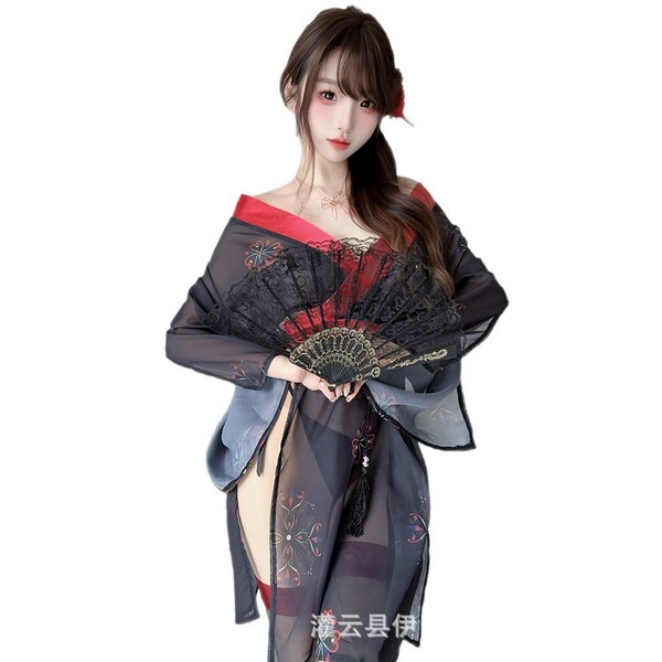 Japanese-inspired sexy kimono lingerie set featuring black design with lace details, perfect for allure and elegance.