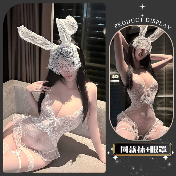Seasonal Seductive Lace Bodysuit for Women - Sheer Mesh Strap Thong Bodysuit with Pearl Chain Detail - White + A73 White + T19 White