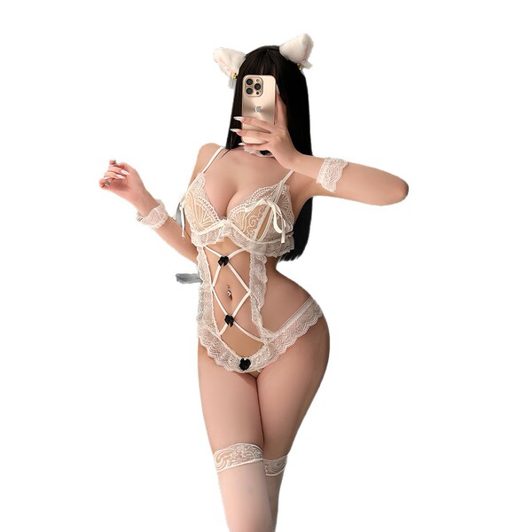 Pure & seductive lace bodysuit - open-crotch maid costume for women, sensual sleepwear outfit a910