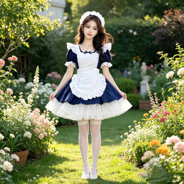 A girl wearing an adorable bow cosplay dress, featuring a navy blue and white maid outfit with ruffled details, perfect for l...