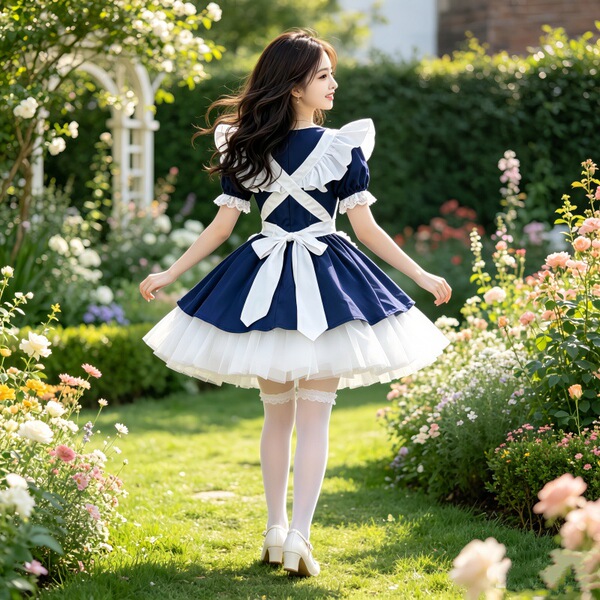 A girl wearing an adorable bow cosplay dress, perfect for student maid outfits and lolita style daily wear, stands gracefully...