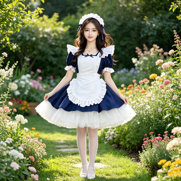 A girl wearing an adorable bow cosplay dress, featuring a navy blue and white maid outfit with ruffled sleeves and apron, per...