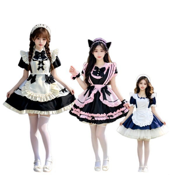 Three girls wearing adorable bow cosplay dresses, featuring maid outfits with ruffles and bows, perfect for lolita style and ...