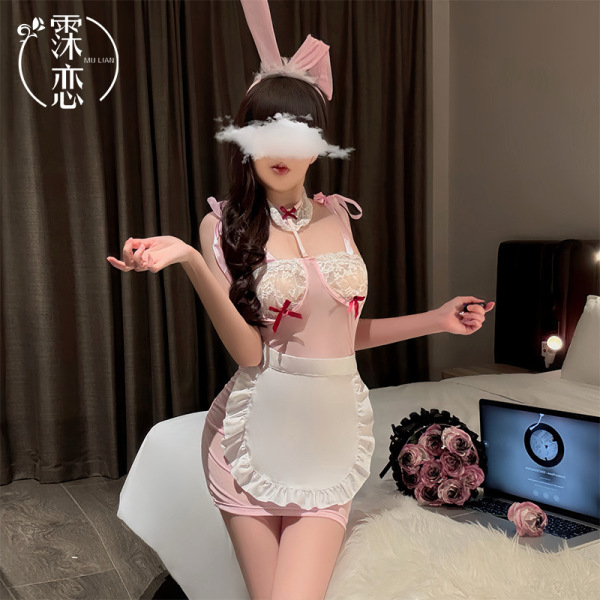 Adorable bunny girl costume - sexy sheer maid outfit for role play, no-remove bedroom lingerie set with pink accents and lace...
