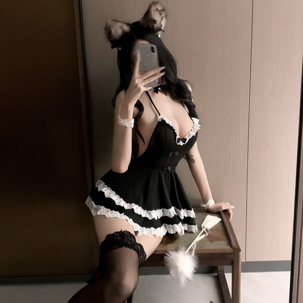 Adorable cute maid costume set with backless design, featuring lace trim and fluffy tail for playful bedroom wear.