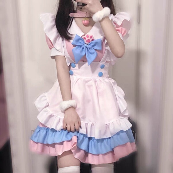 Soft pink and blue lolita maid dress with ruffles, cute bow, and fluffy accessories perfect for cosplay or daily wear.