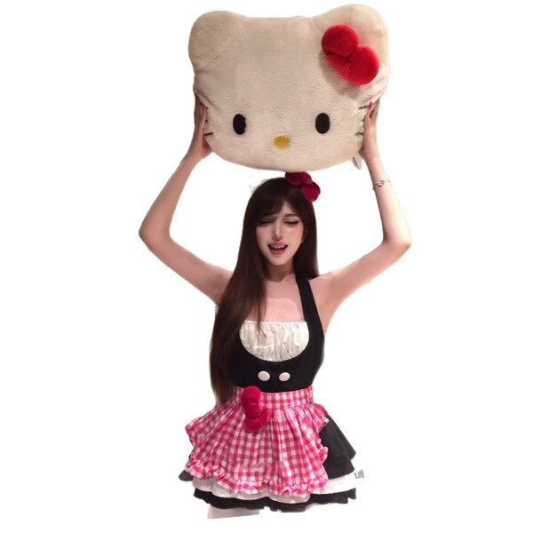 A woman wearing an adorable kitty cat maid costume set, featuring a black and white dress with a red bow, holding a large hel...