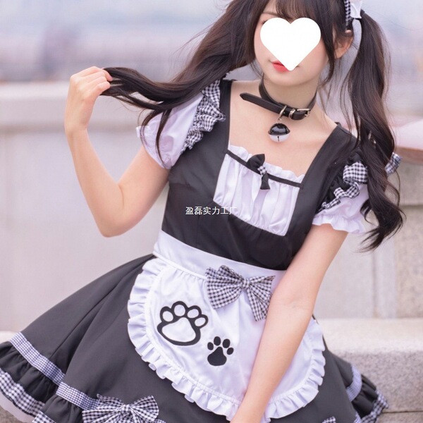Adorable maid costume featuring a kawaii cat design, perfect for lolita cosplay with a charming petticoat and accessories.