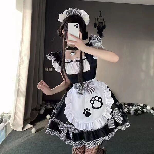 Adorable maid costume featuring a kawaii cat design, perfect for lolita cosplay with a charming petticoat and accessories.