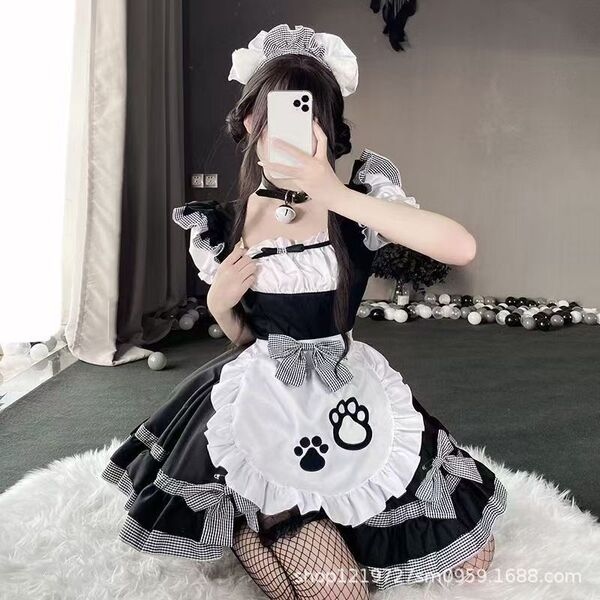 Adorable maid costume featuring a kawaii cat design, perfect for lolita cosplay with a charming petticoat and accessories.