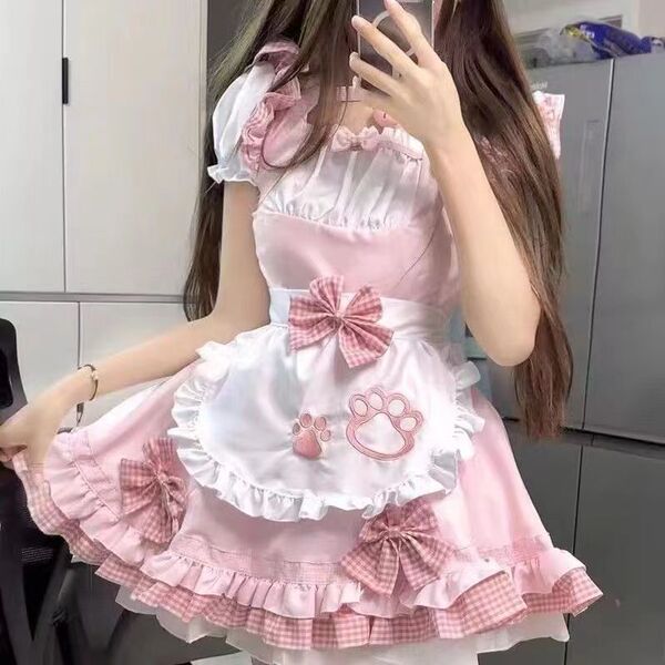 Adorable maid costume featuring a kawaii cat design, perfect for lolita fashion and anime cosplay with a charming petticoat a...