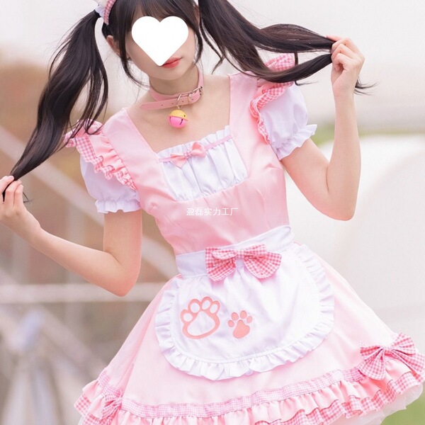 Adorable maid costume featuring a cute pink lolita dress with cat paw prints, perfect for anime cosplay with a charming petti...