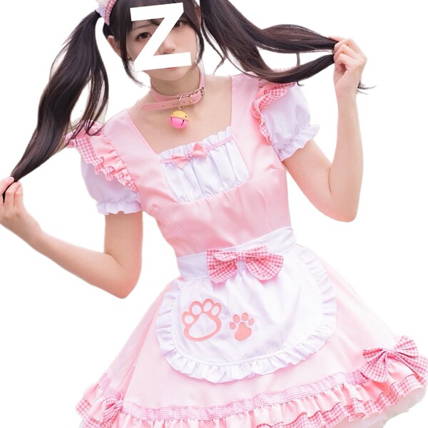 Adorable maid costume featuring a cute pink lolita dress with a cat paw design, perfect for anime cosplay with a charming pet...