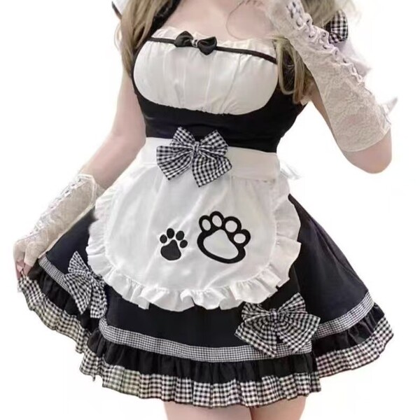 Adorable maid costume featuring a kawaii cat design, perfect for lolita cosplay with a cute pet paw print detail on the dress...