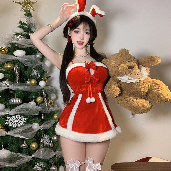 Adorable reindeer-themed christmas cosplay outfit featuring red holiday lingerie set with bunny ears and plush teddy bear acc...