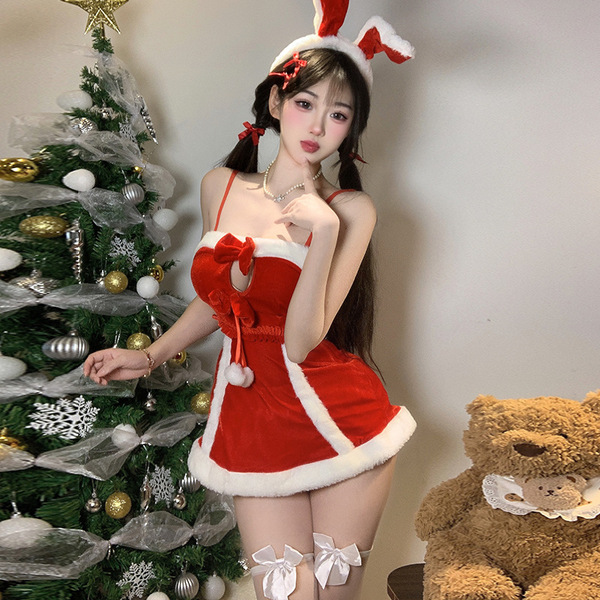 Adorable reindeer christmas cosplay bunny girl outfit - red holiday lingerie set & sexy sleepwear featuring festive red dress...