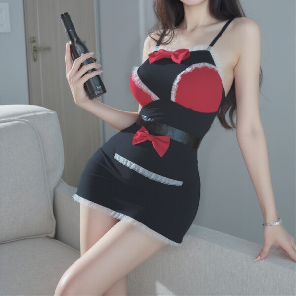Sexy maid-themed thong dress with red bows, perfect for role play. includes cute design elements and comfortable fit. ideal f...