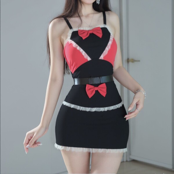 Adorable sexy lingerie set - cute maid-themed thong & bow-tie sleep dress for role play