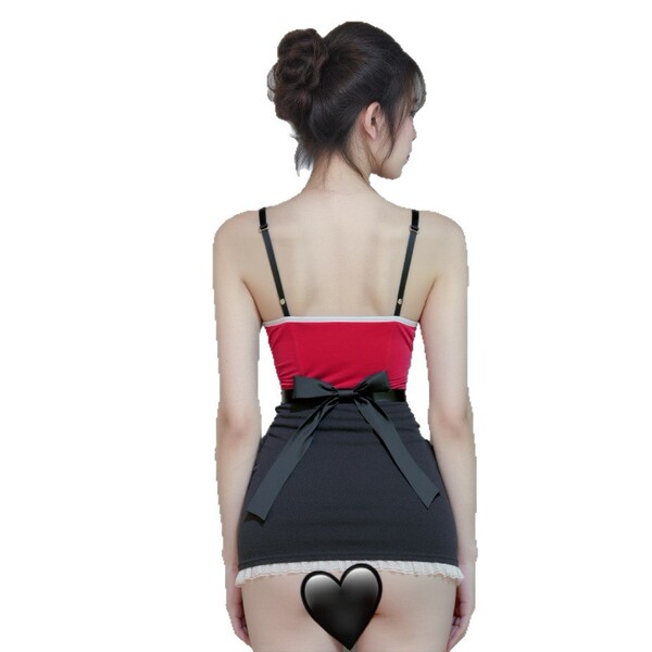 Sexy maid-themed lingerie set featuring a red top with black straps and a black thong skirt adorned with a bow tie, perfect f...