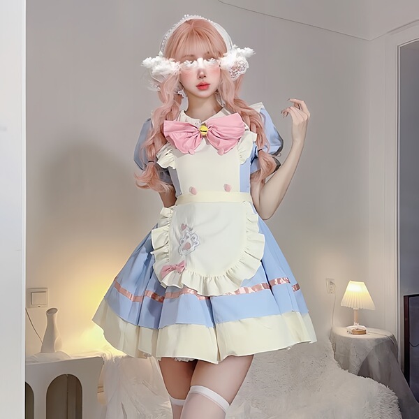 A woman models an adult womens cosplay maid dress, featuring a cute design with pastel colors, ruffles, and a large bow. perf...