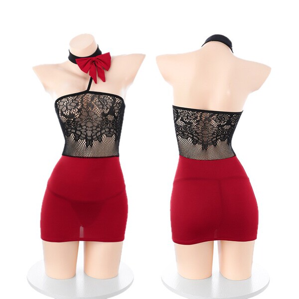 Ai ru ru lacy mesh bodycon lingerie set with red skirt and bow choker, sheer office-themed sensual outfit for women.