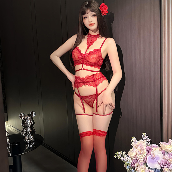 Woman wearing red lace ai ru ru lingerie set with garter belt, thigh-high stockings, and rose hair accessory in elegant room ...