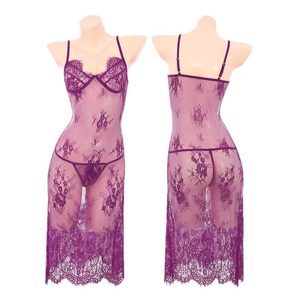Purple lace see-through lingerie set with floral embroidery, front and back view on mannequin.