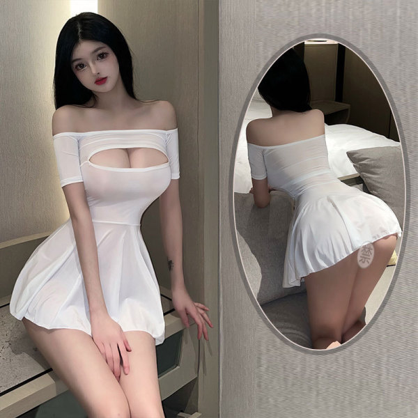 Woman in white ai ruru lingerie strap dress with sheer mesh, off-shoulder cutout design, posing by mirror.