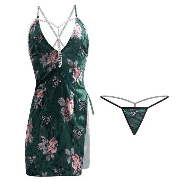 Ai yufei sensual vintage chinese qipao dress - high-waist slit bodycon pearl-embellished sleep & lounge gown featuring floral...