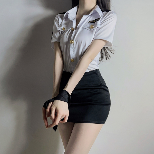 Woman wearing airu airu sexy flight attendant costume with white shirt and black skirt for police role play.